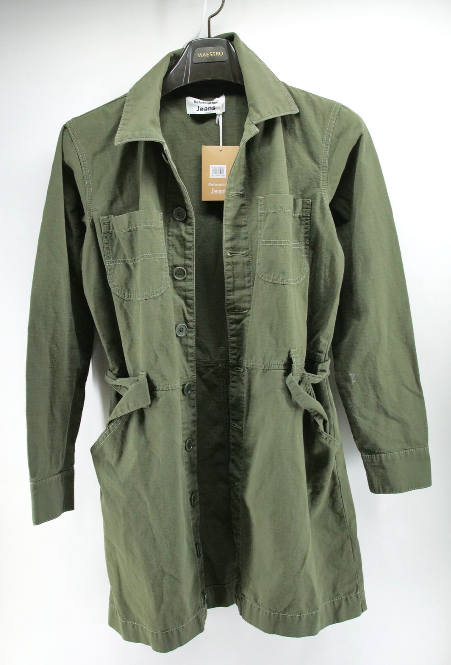 Reformation Jeans Romper Women 4R Green Jumpsuit Button Belted Collared